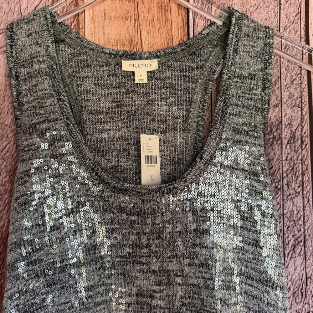 Pilcro Anthropologie Tank Top Sequin Knit Silver Gray Sparkle Party Small NWT - Picture 3 of 8